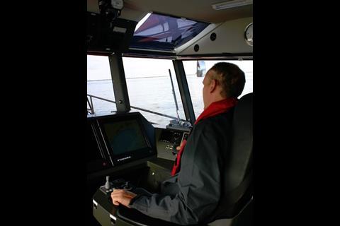 At the wheel (or joystick) of Baltic's 15m wave piercing pilot boat